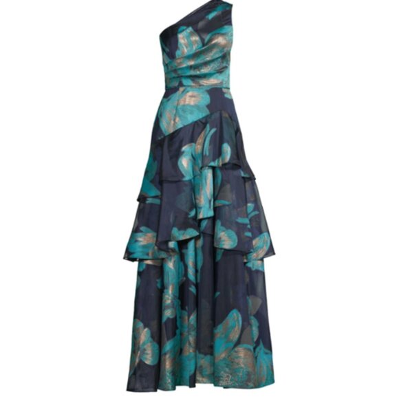 New! AIDAN MATTOX One-shoulder Tiered Ballgown Maxi dress peacock 26747 - Picture 1 of 15